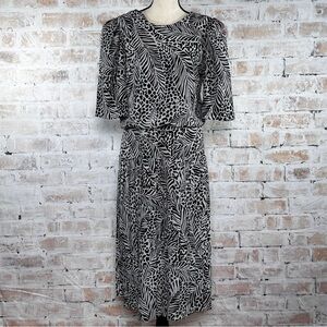 True Vintage 80s Animal Print Drop Waist Half Sleeve Scoop Neck Midi Shift Dress